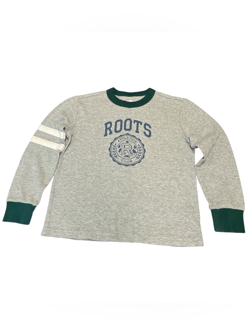 Roots Grey Sweatshirt with Green Trim and Blue Logo